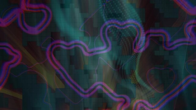 Abstract neon hearts looping background digital vibrant animation