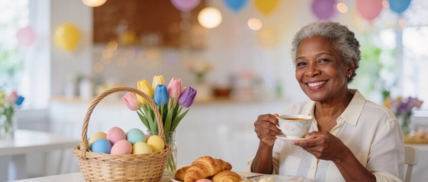 Happy senior Black woman drinking tea at an Easter breakfast. Elderly lady celebrating holiday with eggs and croissants