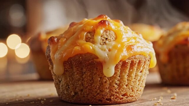Warm cheese muffin being pulled apart at a kitchen table with soft lights in the background before a baking session begins