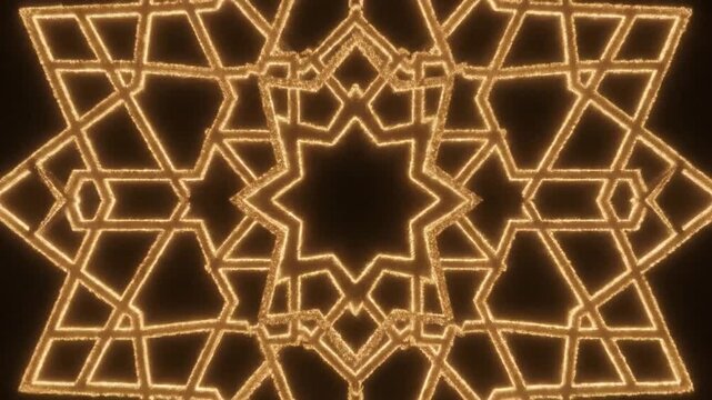 Golden geometric pattern of interlocking shapes on a dark background creates depth