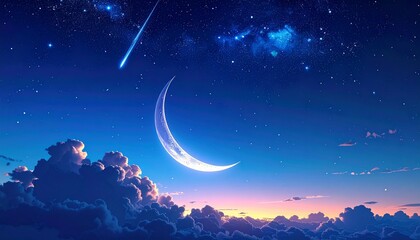Crescent moon in a starry night sky with a shooting star and clouds