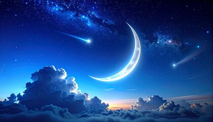 Crescent moon shines brightly in a starry night sky with shooting star and clouds