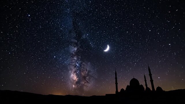 Silhouette of mosque under a starry night sky with crescent moon