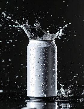 White aluminum can with dynamic water splashes, refreshing beer or soda drink. Tasty beverage. Mock-up.