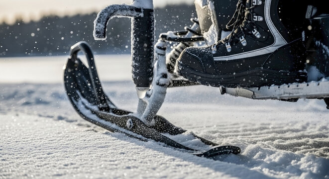Snowmobile sport featuring ski and boot on deep snow, showcasing winter recreation equipment. Snowmobile sport involves thrilling exploration snowy terrain, creating exhilarating outdoor fun.