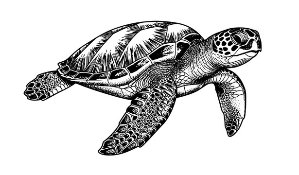 Vintage Engraving Sea Turtle Sketch Vector Illustration in Classic Monochrome Style