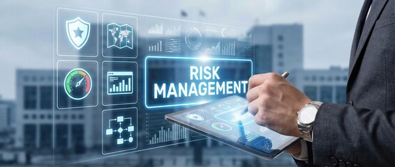 risk management, business, technology, data analysis, security, digital transformation, financial analyst using a tablet with virtual dashboard for corporate strategy and monitoring.