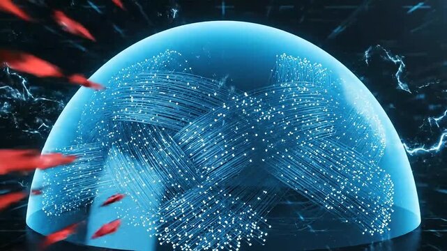 A futuristic digital globe with a network of connections and red objects moving rapidly around it in a dark environment from a close-up viewpoint