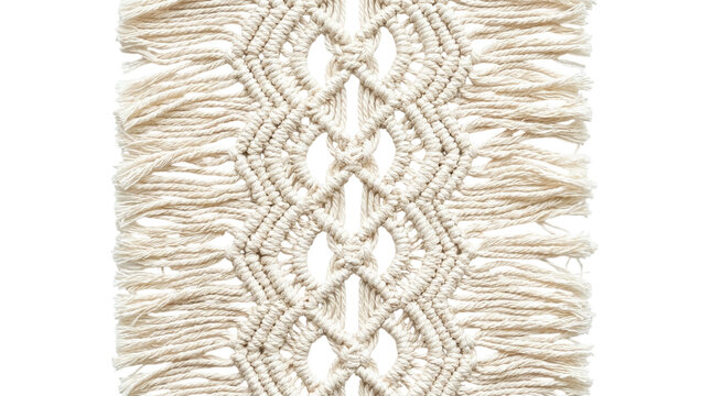Close-up texture of white handmade macrame wall hanging with fringes on a transparent background