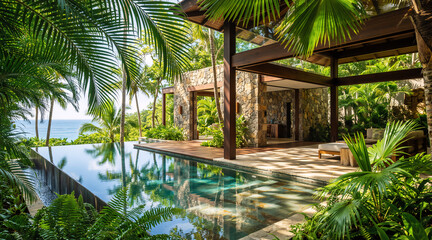 Fototapeta premium Modern tropical villa with infinity pool and ocean view. Luxury mansion architecture with stone walls and wooden deck. Exotic resort home exterior