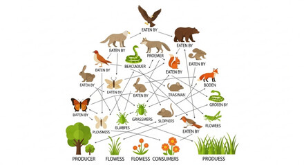 Ecosystem food chain diagram showing predator prey relationships and energy flow through various animal species and plants