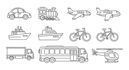 Line art illustration of various transportation vehicles including cars planes and boats