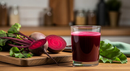 Glass of beetroot juice near cutting board symbolizing natural nutrition and wellness