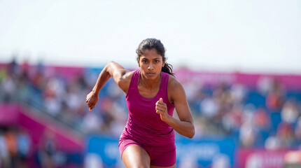 South Asian female sprinter running on a track. Professional woman athlete competing in track and field event. Running and fitness concept