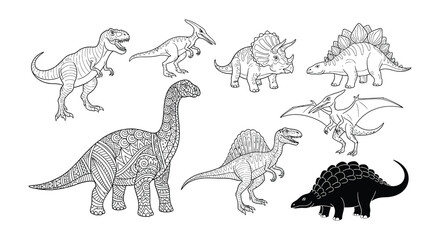 A collection of various dinosaur outlines and a uniquely patterned brontosaurus © Nayem