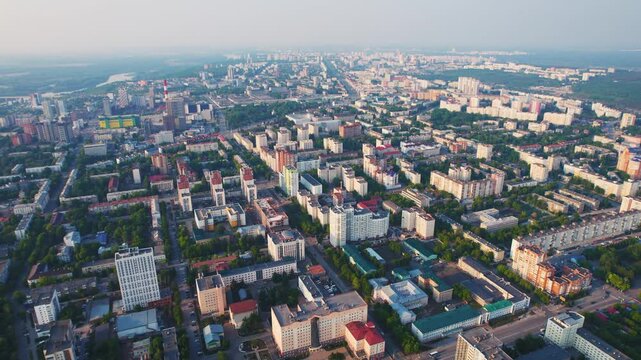 Aerial cityscape view flying over Ufa Russia