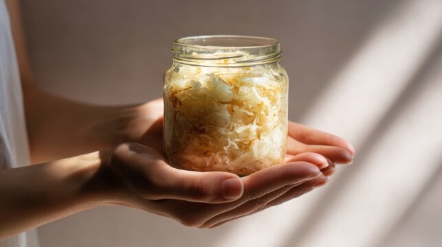 Person holds a transparent jar of fermented cabbage mix in natural light indoors