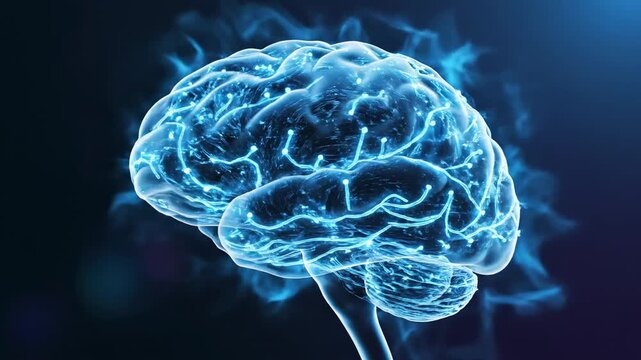 Glowing blue brain with neural network connections and energy pulses, representing thought and intelligence