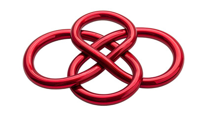 Glossy, interconnected red loop object on black background, resembling a mathematical knot