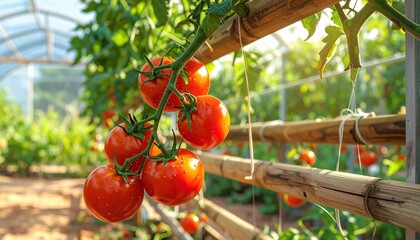 Freshly grown red tomatoes on a vine in a sun-drenched greenhouse