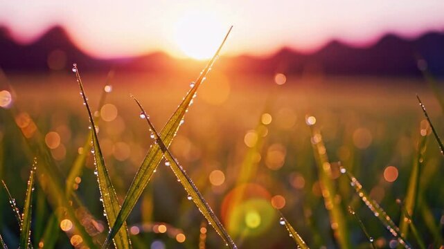Sunrise over wet grass with dew drops in a green field at morning light in a rural area