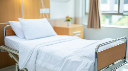 Hospital bed prepared for a new patient, featuring fresh white sheets and pillows in a serene, clean medical facility