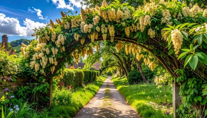 Garden entrance archway with cascading yellow flowers and a stone wall