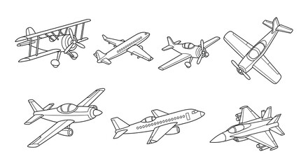 Collection of various aircraft depicted in a simple line drawing style © Nayem
