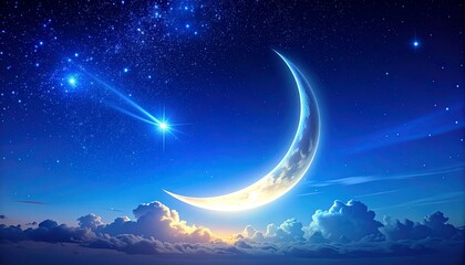 Glowing crescent moon and bright shooting star against a starry night sky with clouds