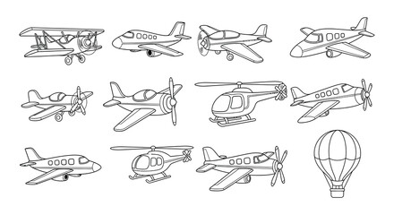 Collection of various aircraft depicted in a simple line drawing style © Nayem