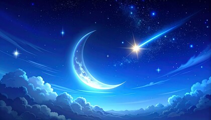 Glowing crescent moon with a bright shooting star and distant stars in a night sky