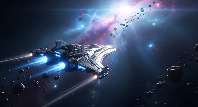 Sleek spaceship flies through asteroid field near colorful nebula in deep space exploration scene.
