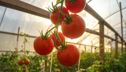 Hanging ripe red tomatoes with water droplets in a sunlit greenhouse setting