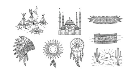 Illustrative collection of native american and islamic cultural symbols © Nayem