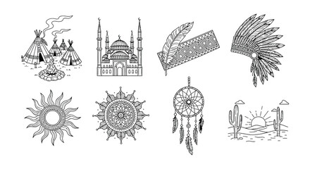 Illustrative collection of native american and islamic cultural symbols © Nayem