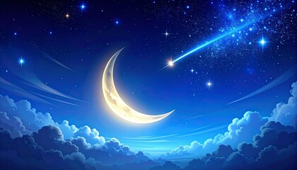 Luminous crescent moon and shooting star illuminate a starry night sky with clouds