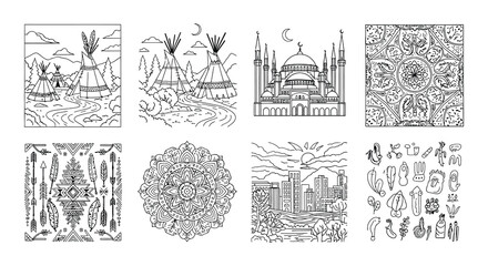Illustrative collection of native american and islamic cultural symbols © Nayem
