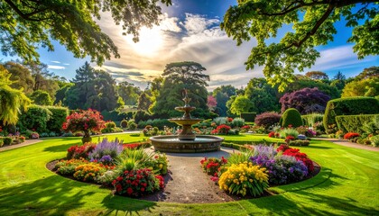 Lush manicured garden with ornate fountain and vibrant flower beds in sunlight