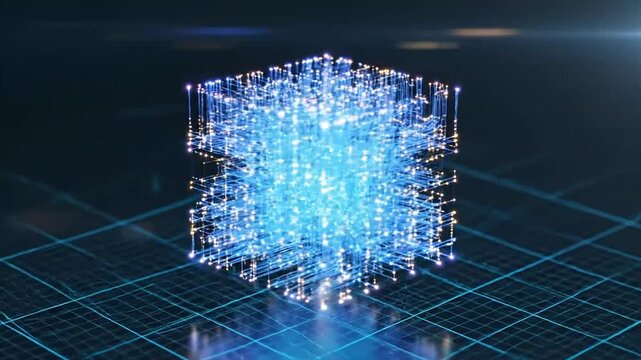 A 3D cube composed of glowing blue particles on a grid, illuminated from within, showcasing technology and innovation in a futuristic environment viewed from a slight angle.