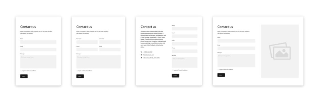 Editable contact us form template set. Isolated contact-us elements mockup on white background. Website submit messages forms page. Field for email, name, message, phone. Vector illustration.
