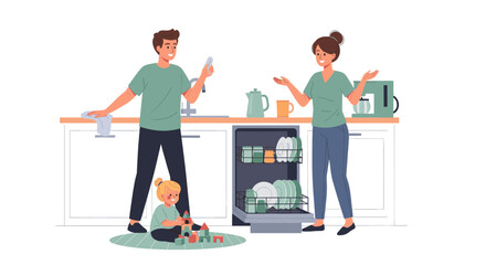 Fototapeta premium Happy family loading the dishwasher in the kitchen while their young daughter plays with building blocks on the rug, creating a sense of togetherness.