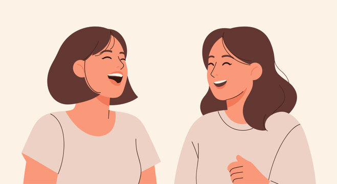 Illustration of two young women with brown hair laughing while facing each other, showcasing friendship and positive emotion in a minimalist, vector style.