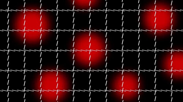 Abstract red glowing orbs on black background with white dashed geometric grid pattern motion loop