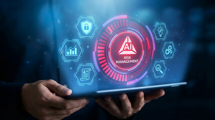 Naklejka premium AI risk management and artificial intelligence security with person using digital tablet interface