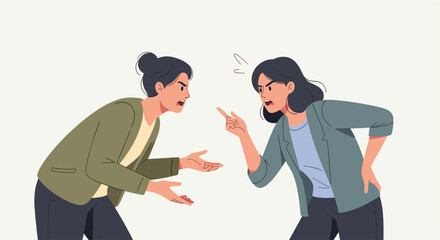 Fototapeta premium Two women are arguing intensely, with angry expressions and pointing fingers in a disagreement scenario, suggesting conflict or confrontation, suitable for topics like business disputes.