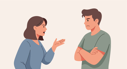 Fototapeta premium Illustration of a couple arguing, the man with arms crossed and the woman gesturing expressively, conveying conflict and relationship issues. Use for articles about communication, therapy.