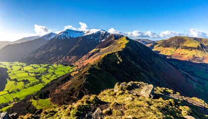 Snow-capped mountains under a bright blue sky with rolling green valleys below
