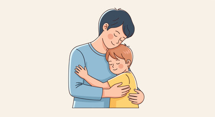 An illustration depicts a father tenderly hugging his son, both with closed eyes, conveying warmth, love and paternal affection in a heartwarming family scene.