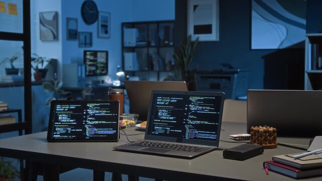 No people view of digital tablet and laptop both displaying codes, external hard drive and notebooks with pen on grey desk in dimly lit IT office