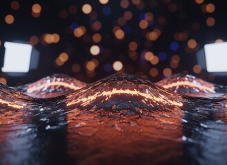 Abstract Sci Fi Landscape with Glowing Orange Peaks and Dark Futuristic Background with Bokeh Lights